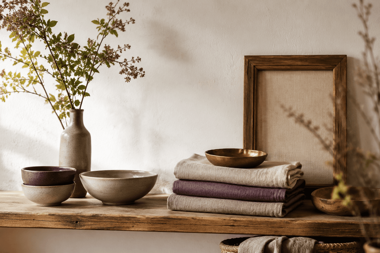Barn boutique shelf vignette on an aged pine shelf against a chalk wall