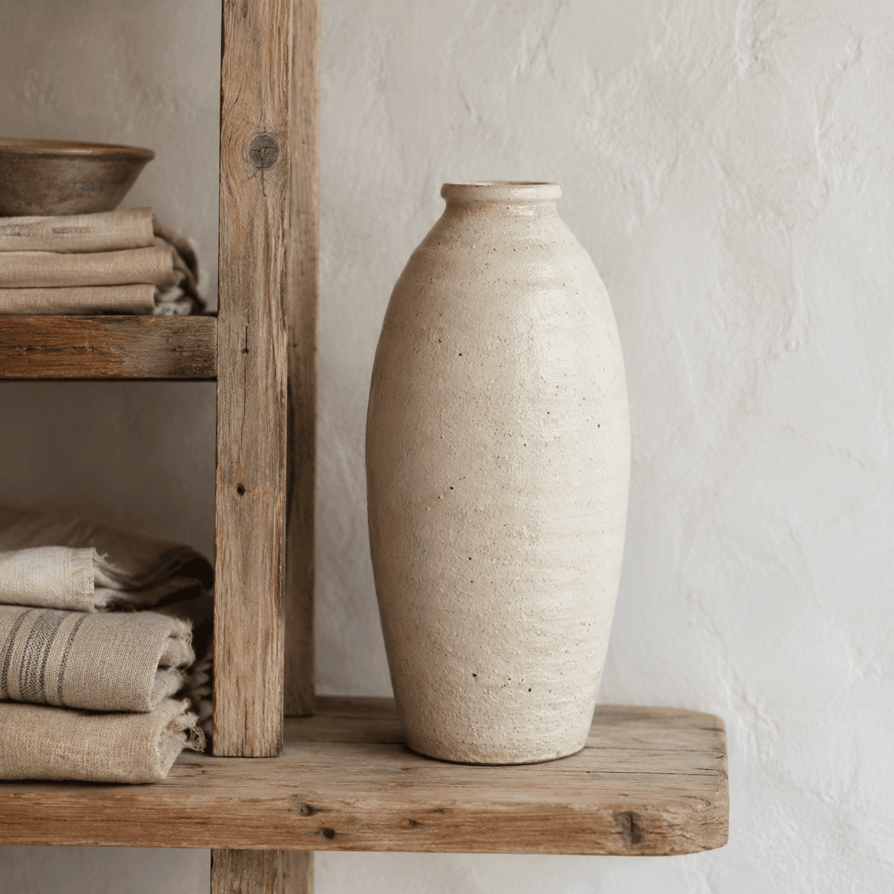 Slim fluted vase with a soft fig wash, sized for dried stems.