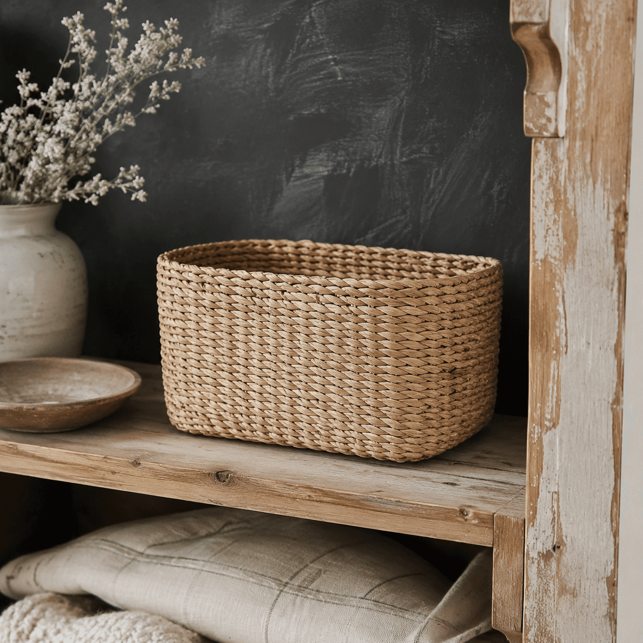 Hand-woven seagrass basket for folded textiles beneath an open shelf.