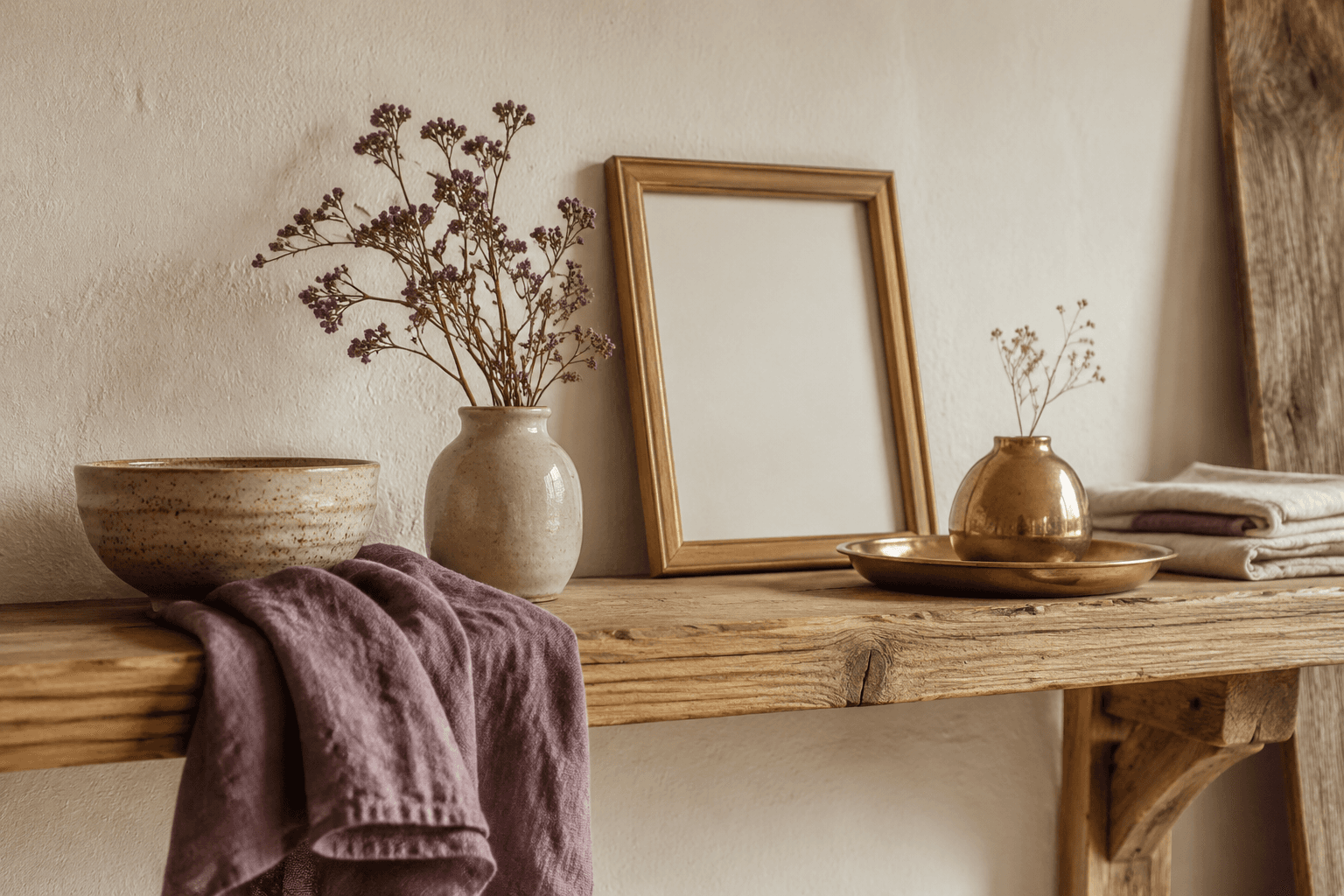 Decorative shelf story board with balanced cottage objects